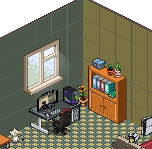 A gaming desk under a bright window beside a tall orange bookcase filled with folders.
