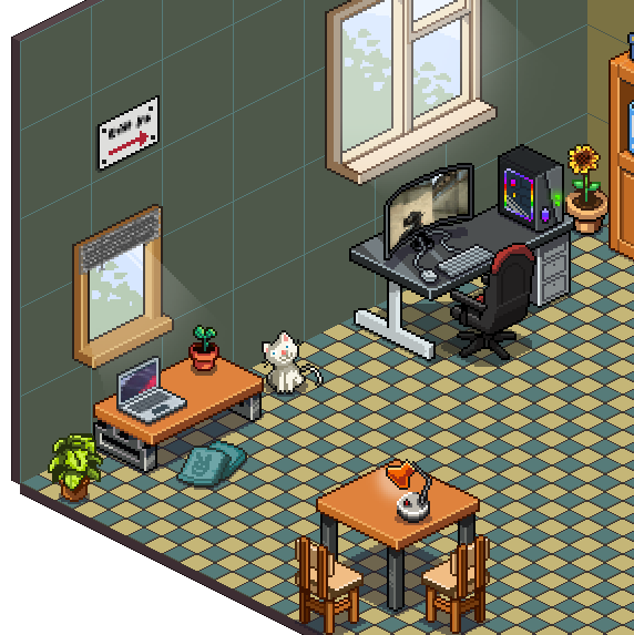 A desk with a gaming PC under the window, a laptop on a low table, a white cat and a dining table with an orange lamp.